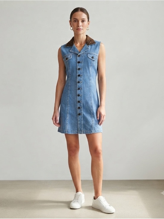 JLNY Dresses & Skirts - Vintage Denim Velvet Animal Print Collar And Buttons Mini Dress 6